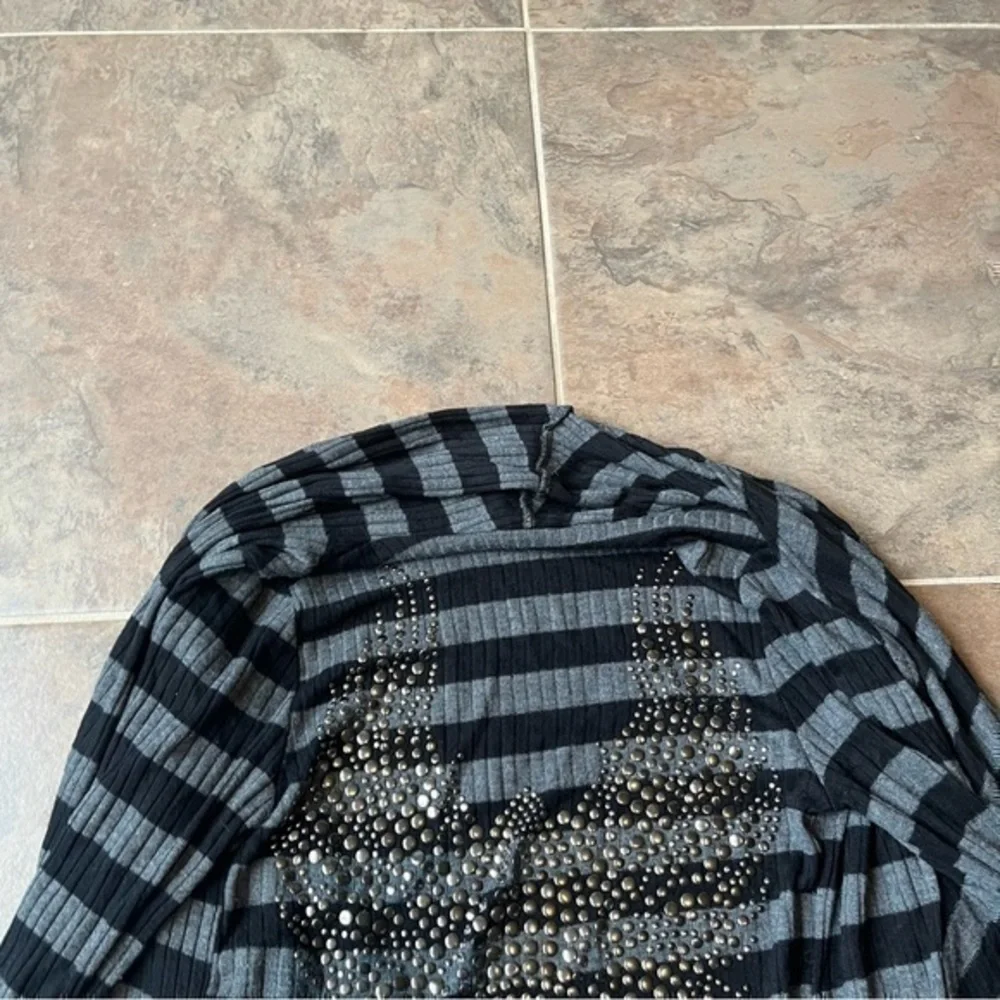 S.Twelve Gray Black Striped Skull Rhinestone Draped Cardigan Duster small